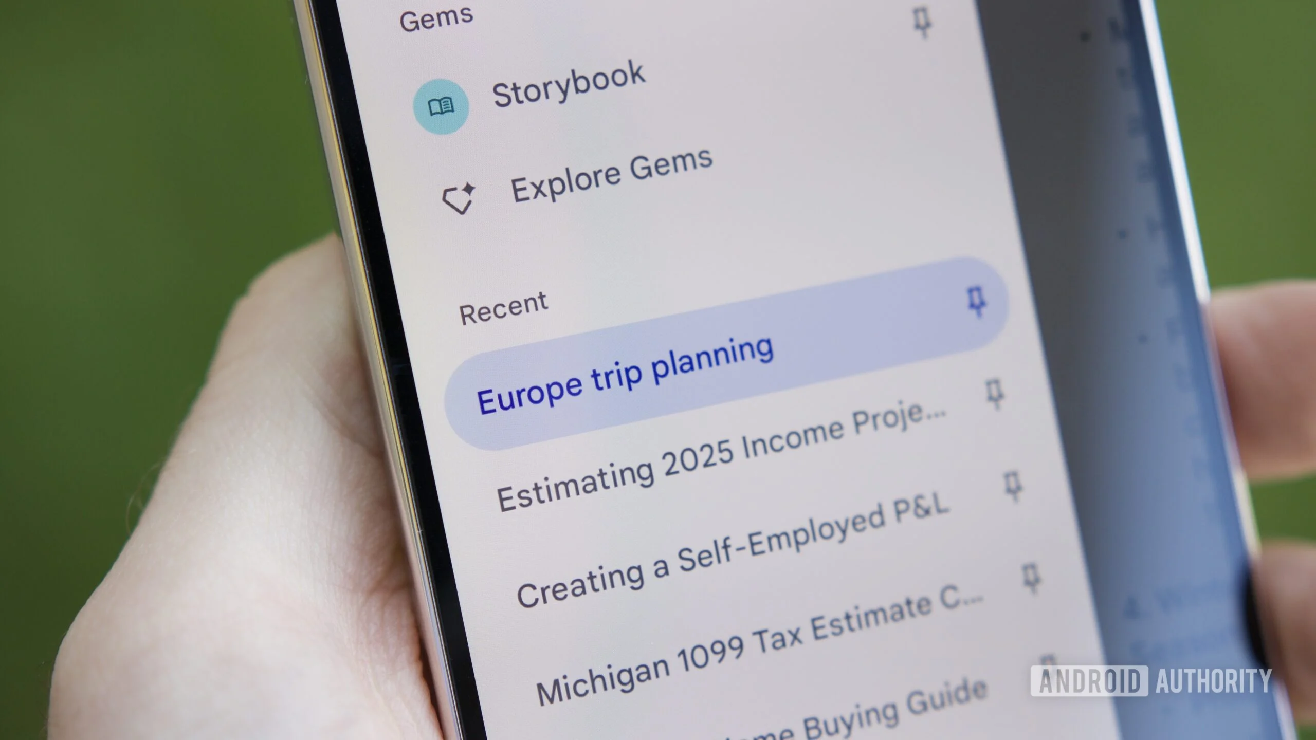 A pinned Gemini conversation called "Europe trip planning."